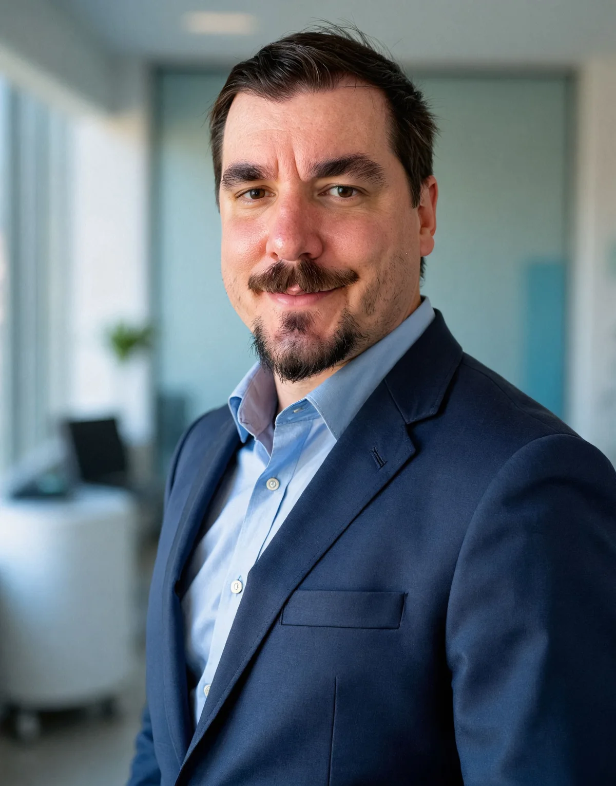 Portrait of Daniel Nimmo in a navy jacket and light blue shirt